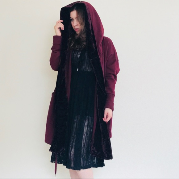 Free People Jackets & Blazers - NWT Free People Wine Velvet Trim Hooded Jacket